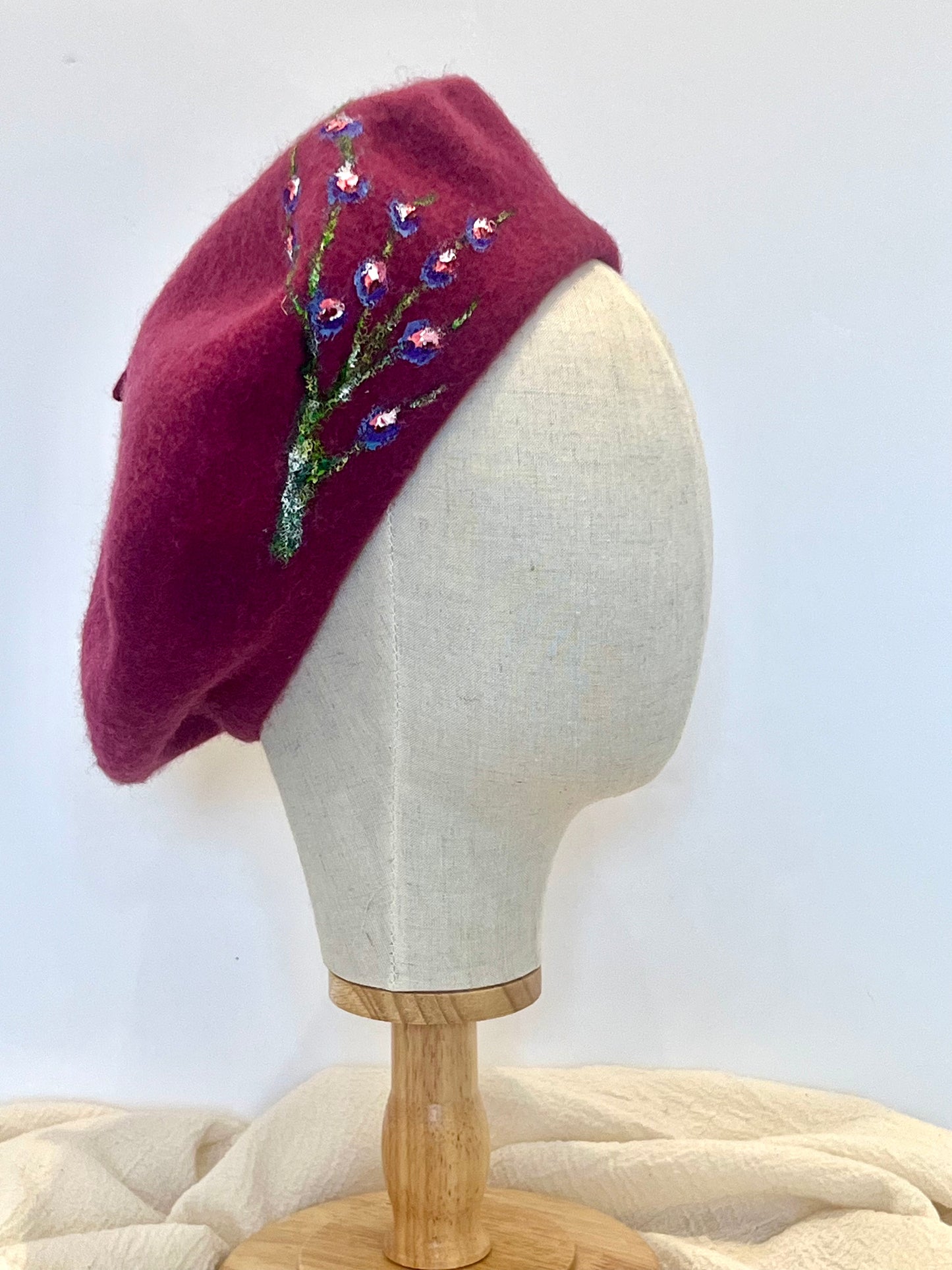 Light Flowers Hand Painted Wool Beret