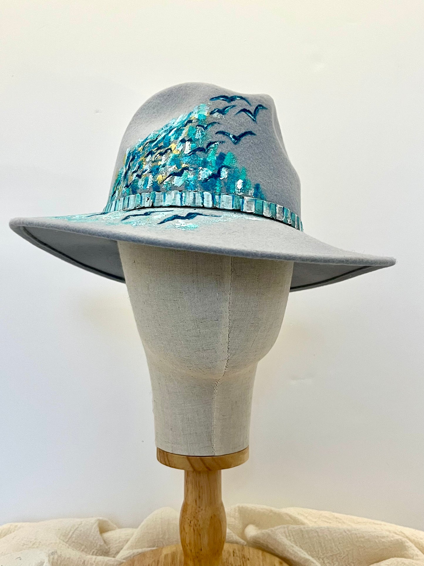 Blue Birds Hand Painted Wool Fedora