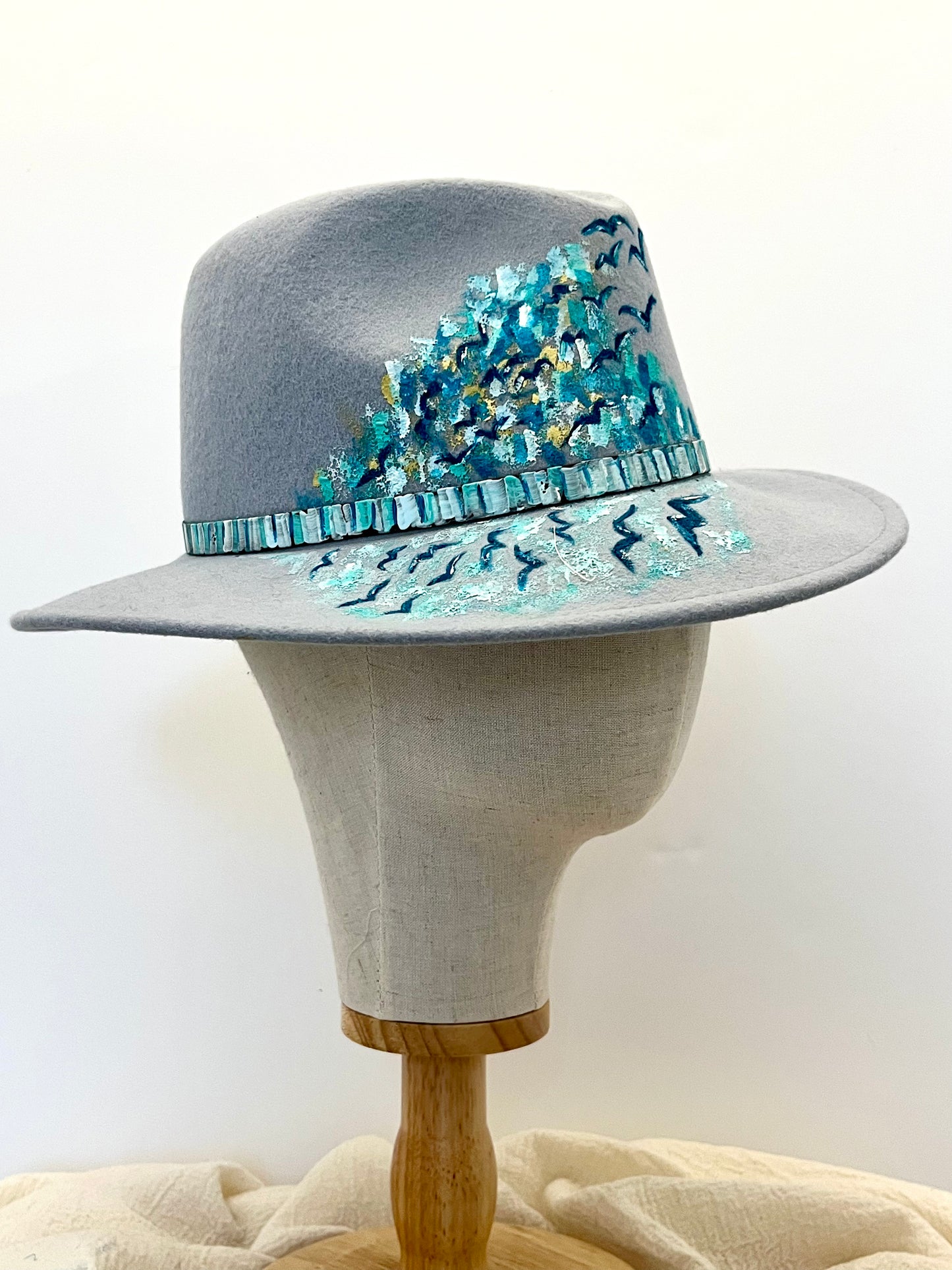 Blue Birds Hand Painted Wool Fedora