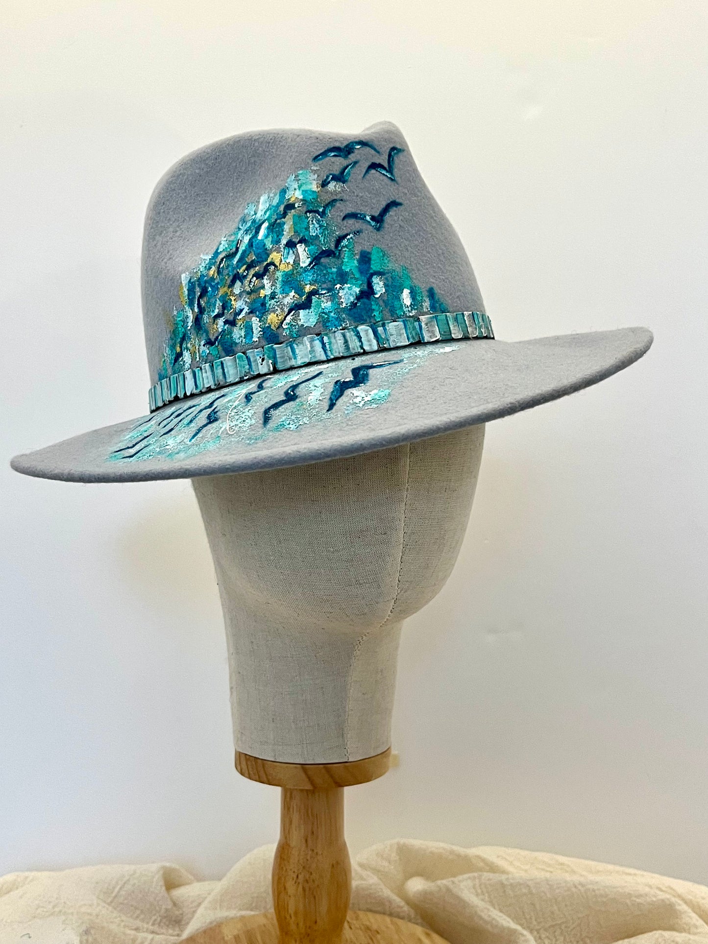 Blue Birds Hand Painted Wool Fedora