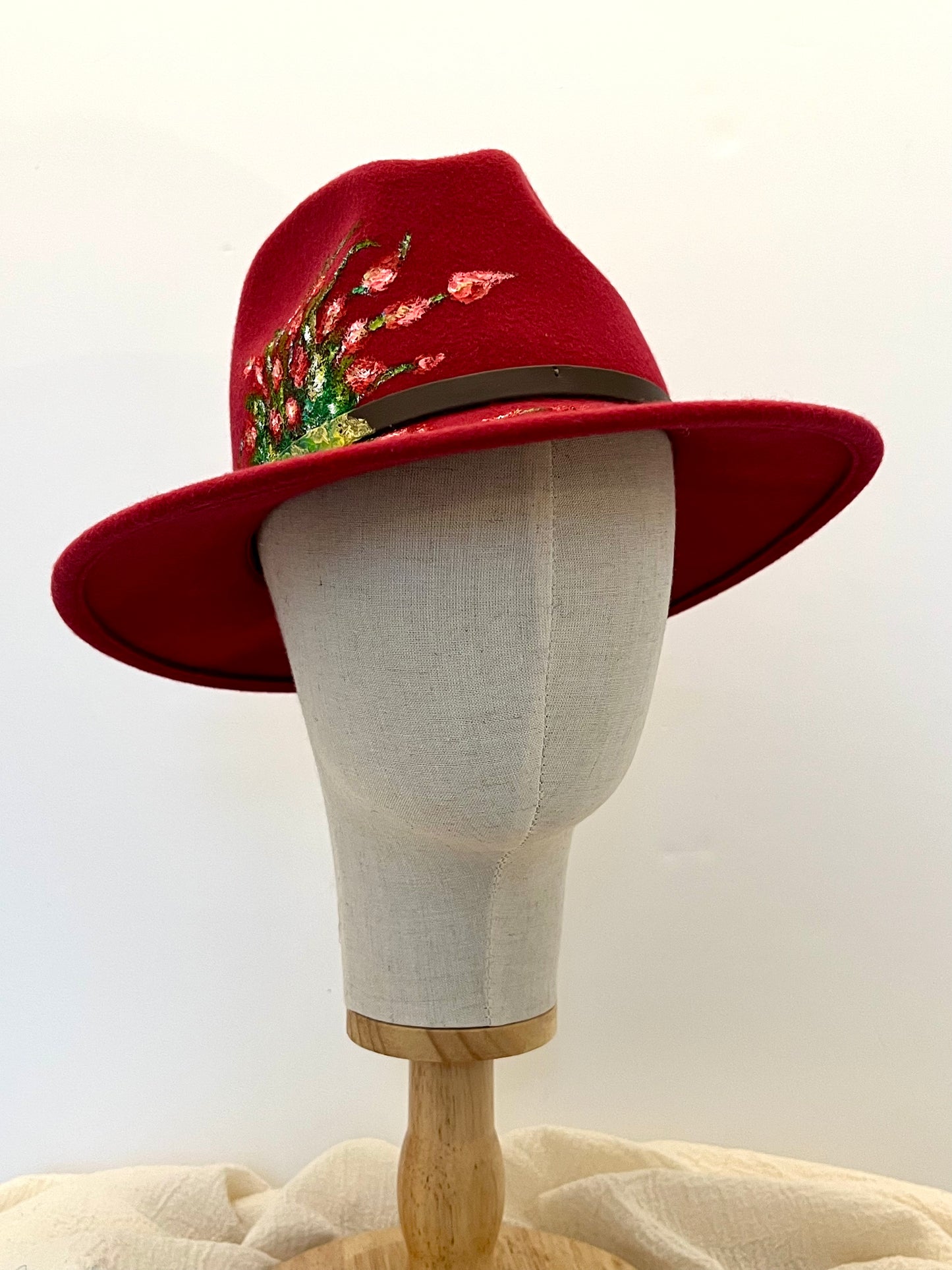 Red Bloom Hand Painted Wool Fedora