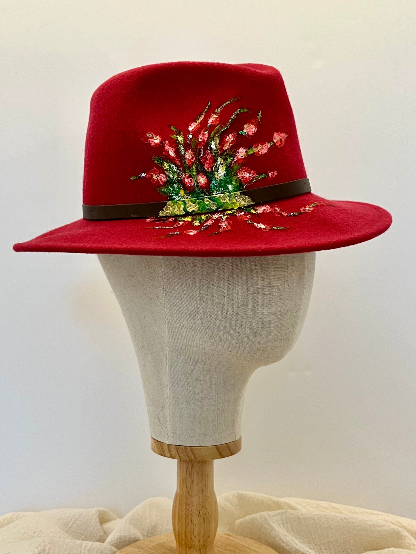 Red Bloom Hand Painted Wool Fedora