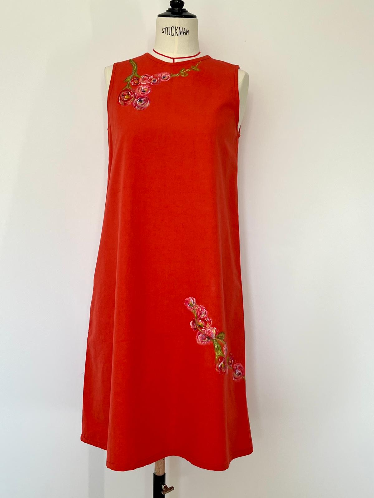 Scarlet Bloom Hand Painted Cotton Red Dress