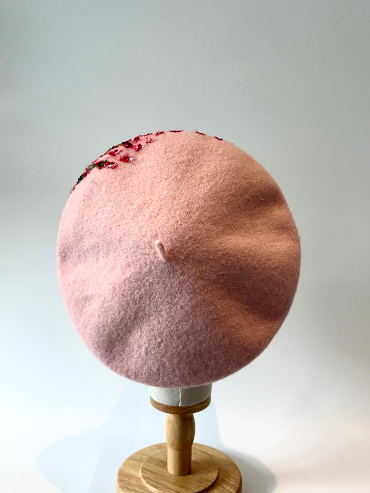 Pink Bloom Handpainted Wool Beret