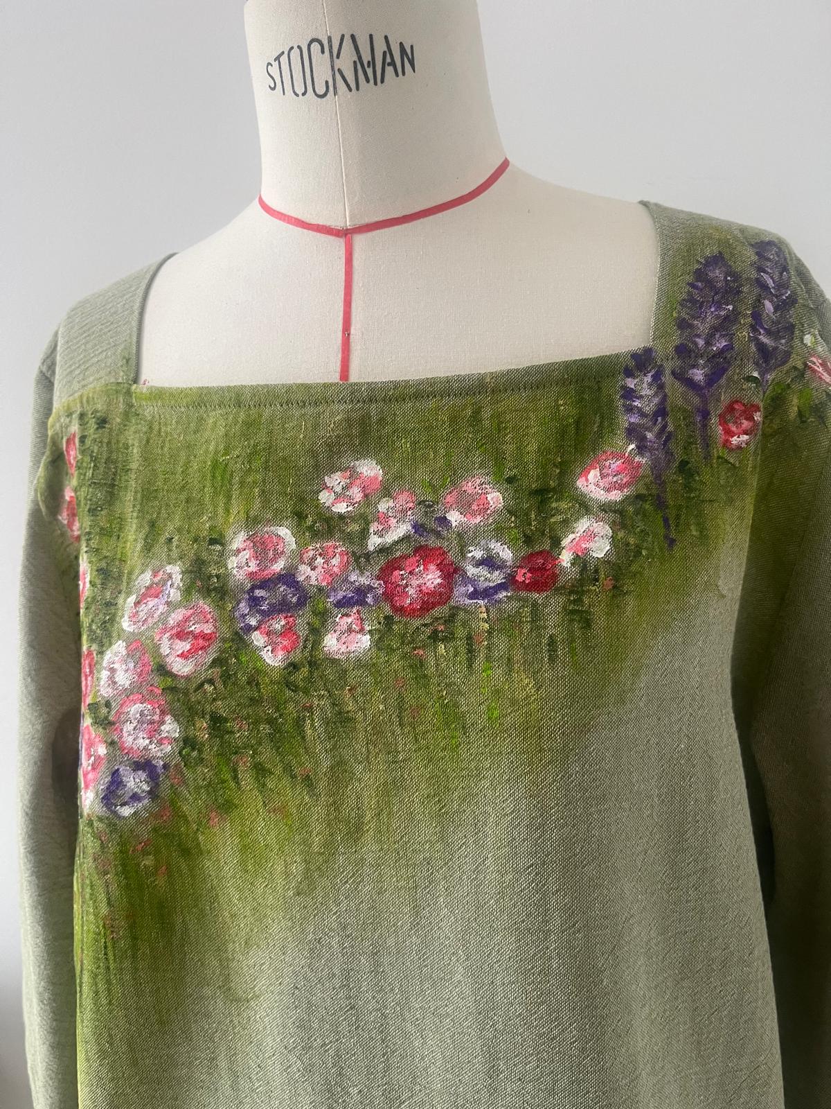 Forest Bloom Hand Painted Long Sleeve Cotton Blouse