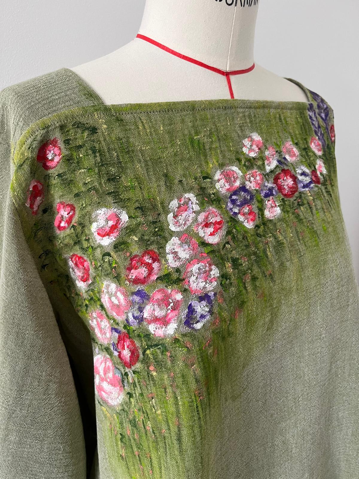 Forest Bloom Hand Painted Long Sleeve Cotton Blouse