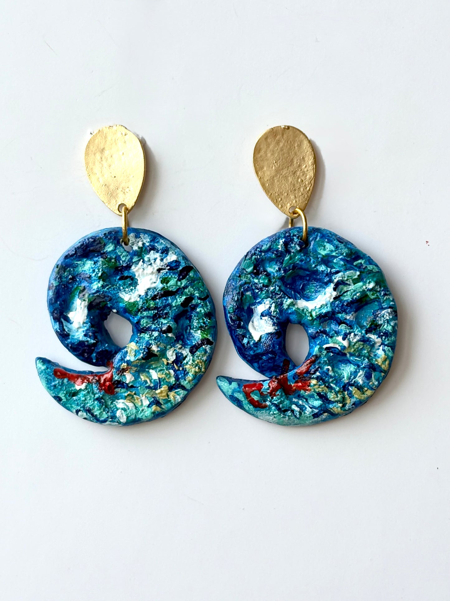 Handpainted Ocean Swirl Gold Dangle Earrings