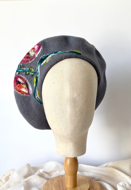 Rosewood Bloom Handpainted Wool Beret