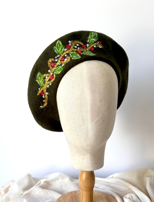 Winter Holly Handpainted Wool Beret