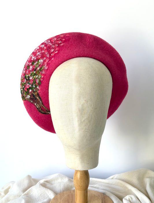 Cherry Blossom Handpainted Wool Beret