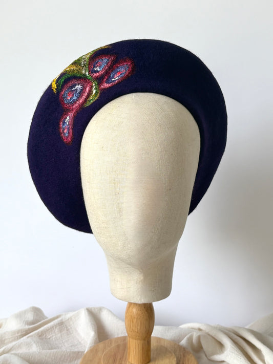 Peacock Whisper Handpainted Wool Beret