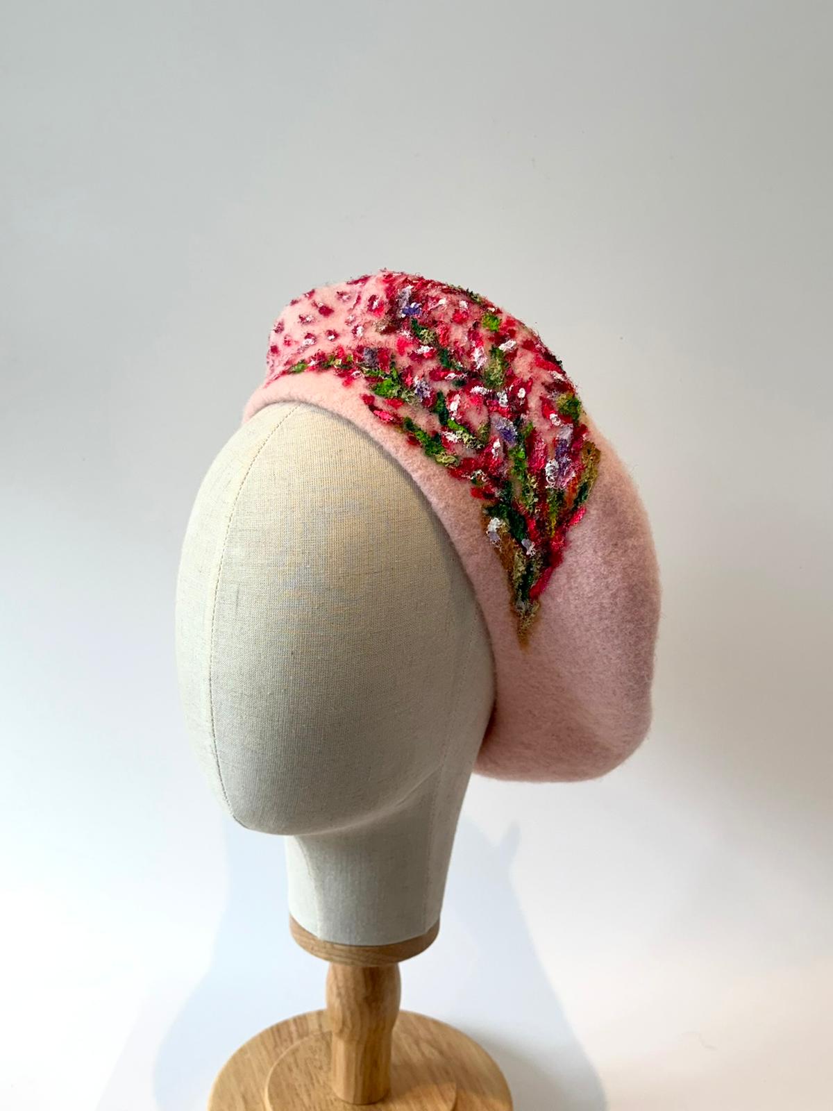 Pink Bloom Handpainted Wool Beret