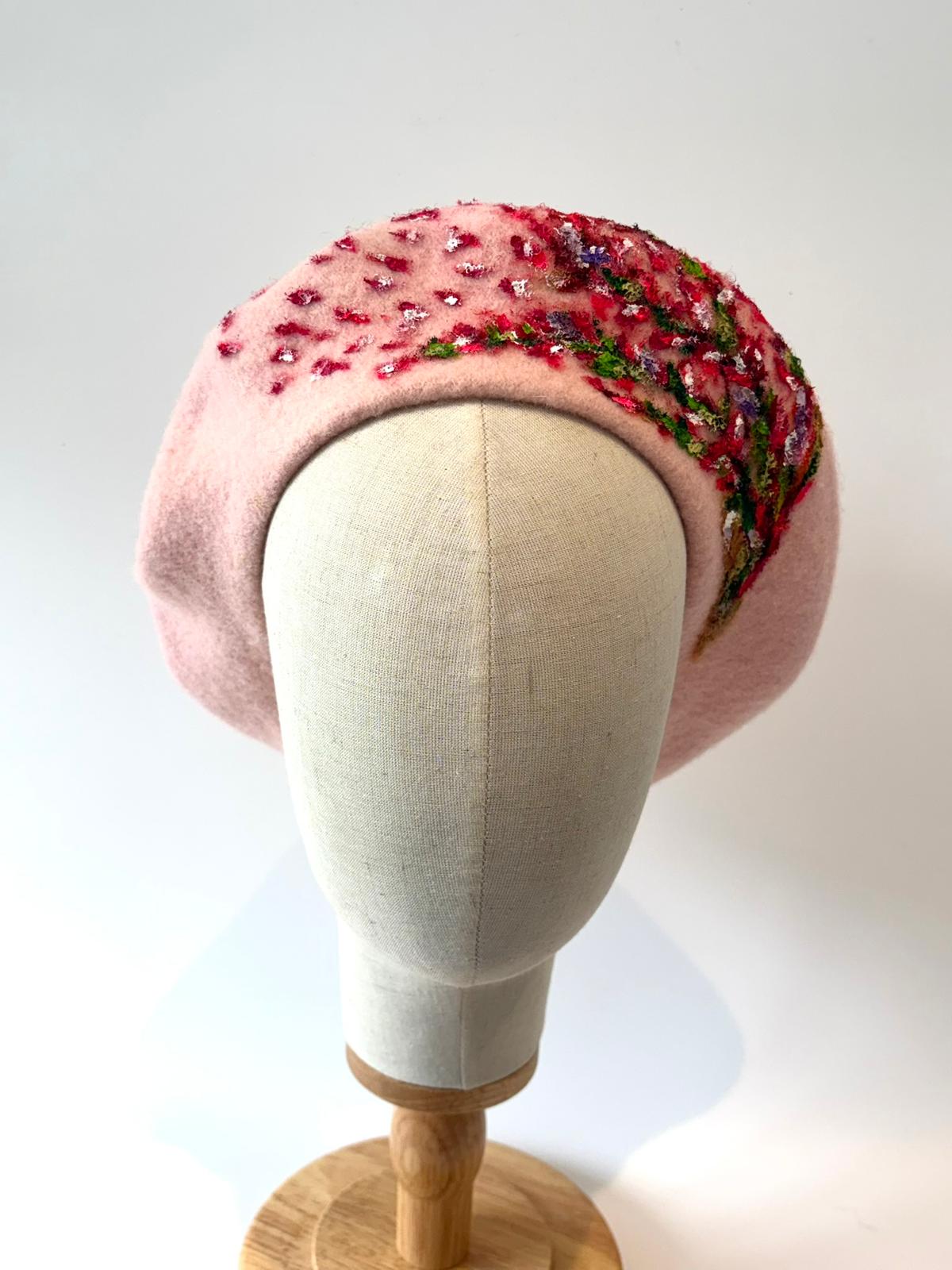 Pink Bloom Handpainted Wool Beret