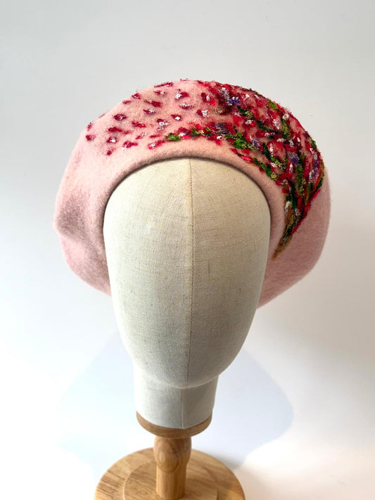 Pink Bloom Handpainted Wool Beret