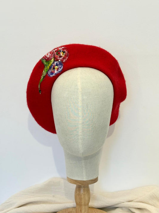 Poppy Bloom Handpainted Wool Beret